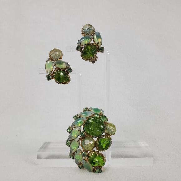Vintage MCM Green Rhinestone Gold Tone Brooch and Earrings Set - Picture 1 of 16